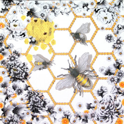 Bees' Knees I: Colony Collapse<br>
Deborah K. Snider, copyright 2008<br>
Mixed-Media Collage, Graphite, Fabric<br>
28 x 28 inches<br>
Private Collection (20% to University of Missouri Research in Bee Health) Bees' Knees I: Colony Collapse
