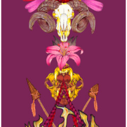 Elemental Totem: Fire<br>
Deborah K. Snider, copyright 2016<br>
Mixed-Media Collage, Markers, Fabric<br>
18 x 32 inches<br>
Available: $2,500 (20% to Honor the Earth) Elemental Totem: Fire