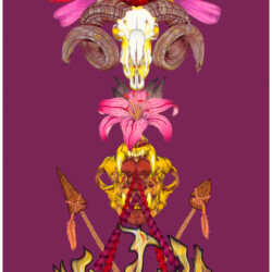 Elemental Totem: Fire<br>
Deborah K. Snider, copyright 2016<br>
Mixed-Media Collage, Markers, Fabric<br>
18 x 32 inches<br>
Available: $2,500 (20% to Honor the Earth) Elemental Totem: Fire