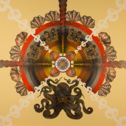 New Zealand Resonances: Tauranga Marae<br>
Deborah K. Snider, copyright 2014<br>
Mixed-Media Collage, Colored Pencils, Markers<br>
28 x 28 inches<br>
Private Collection (gift) New Zealand Resonances: Tauranga Marae