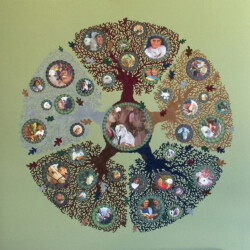 Passing the Gift (photos used with permission)<br>
Deborah K. Snider, copyright 2006<br>
Mixed-Media Collage, Micron Markers, Photos<br>
32 x 32 inches<br>
Private Collection (20% to Heifer International) Passing the Gift