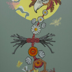 Sky Totem: Collapse<br>
Deborah K. Snider, copyright 2015<br>
Mixed-Media Collage, Markers, Fabric<br>
18 x 32 inches<br>
Available: $2,000 (20% to Save the Bees) Sky Totem: Collapse