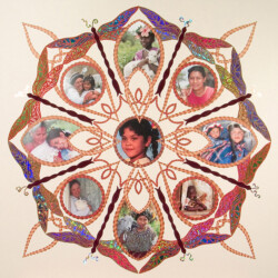 The Power of Women (photos used with permission)<br>
Deborah K. Snider, copyright 2006<br>
Mixed-Media Collage, Micron Markers, Photos<br>
32 x 32 inches<br>
Available: $1,000 (20% to Heifer International) The Power of Women