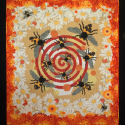 Bye-Bye Beautiful Bee; As You Fall, So Shall We<br>
Deborah K. Snider, copyright 2009<br>
Art Quilt<br>
34 x 39 inches<br>
Collection of the Southern Utah Museum of Art<br>
(20% was donated to the University of Missouri Bee Health Research) Bye-Bye Beautiful Bee; As You Fall, So Shall We