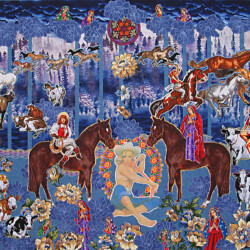 <b>Saints & Sweeties Ride the Range</b><br>
Deborah K. Snider, copyright 2005<br>
Art Quilt<br>
29 x 44 inches<br>
Available: $1,500 (20% to Care Women's Programs) Saints & Sweeties Ride the Range