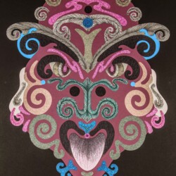 New Zealand Resonances: Maoriutl<br>
Deborah K. Snider, copyright 2014<br>
Mixed-Media Collage & Markers<br>
26 x 33 inches<br>
Collection of the Global Engagement Center, Southern Utah University New Zealand Resonances: Maoriutl