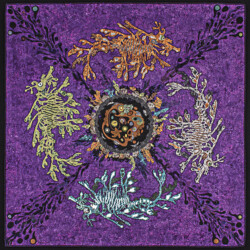 Elementals: Shamanka of the Deep<br>
Deborah K. Snider, copyright 2017<br>
Art Quilt with Felt Appliqué, Lace, Beads<br>
43 x 43 inches<br>
Available: $5,000 (20% to The Ocean Conservancy) Elementals: Shamanka of the Deep