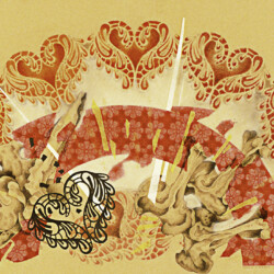 At What Cost?<br>
Deborah K. Snider, copyright 1988<br>
Mixed-Media Collage, Colored Pencil, Graphite<br>
30 x 42 inches<br>
Private Collection<br> At What Cost?