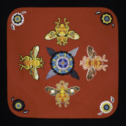 Bee Attitudes<br>
Deborah K. Snider, copyright 2020<br>
Wool Felt Art Quilt<br>
28 x 28 inches<br>
Available: $1,500 (20% to Agencies Supporting Bee Health) Bee Attitudes