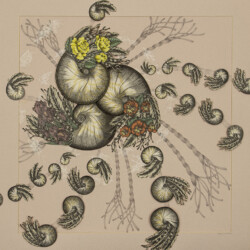 Of Tender Encounter & Baltrusaitis II<br>
Deborah K. Snider, copyright 1997<br>
Mixed-Media Collage, Acrylic Paint, Markers, Thread<br>
30 x 30 inches<br>
Available: $2,000 (20% to Ocean Conservancy) Of Tender Encounter & Baltrusaitis II