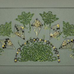 Things Come Undone<br>
Deborah K. Snider, copyright 2000<br>
Mixed-Media Collage, Acrylic Paint, Markers<br>
26 x 32 inches<br>
Available: $2,000 (20% to Care Women's Empowerment Programs) Things Come Undone