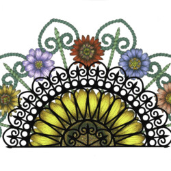 Sunflower Fan<br>
Deborah K. Snider, copyright 2020<br>
Archival Markers, Vinyl Applique<br>
Original Artwork Available, $750<br>
Giclees available, $150 unframed<br>
Original and Giclees 8.5 x 15 inches