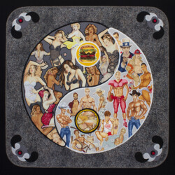 Pin-Up Yin-Yang: Cheesecake and Beefcake<br>
Deborah K. Snider, copyright 2021<br>
Art Quilt<br>
36 x 36 inches<br>
Available: $2,000 (20% to Sravasti Abbey) Pin-Up Yin-Yang: Cheesecake and Beefcake