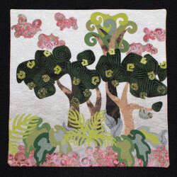 Strata: Rain Forest<br>
Deborah K. Snider, copyright 2021<br>
Miniature Art Quilt<br>
12 x 12 inches<br>
Private Collection (gift) Strata: Rain Forest